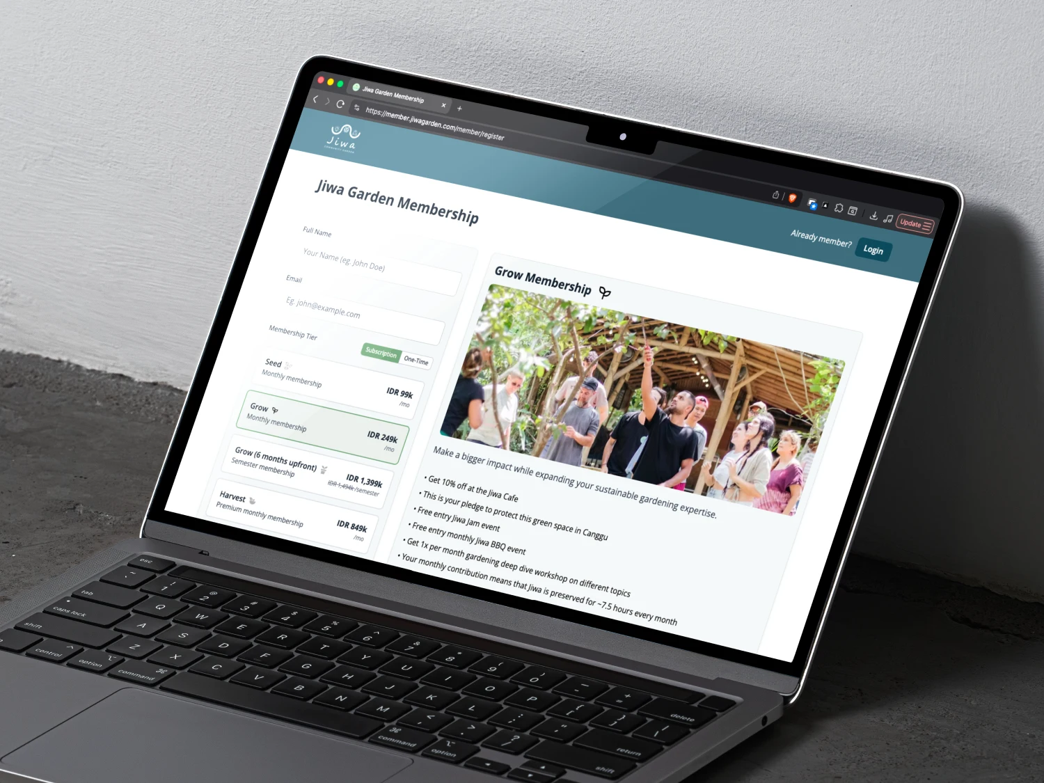 Screenshot for Front Page of Jiwa Garden Membership website.