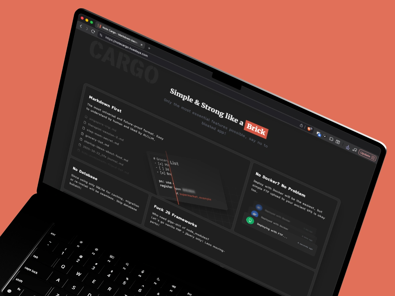 Screenshot for Main Page of Note Cargo website.