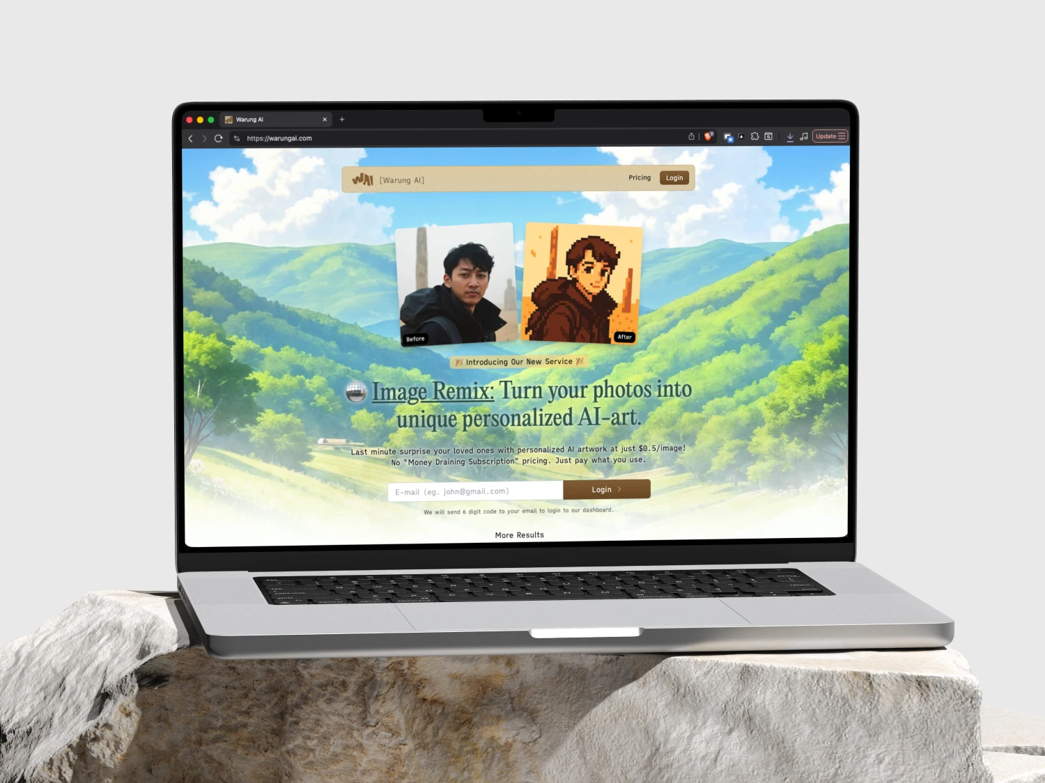 Screenshot for Front Page of Warung AI website.