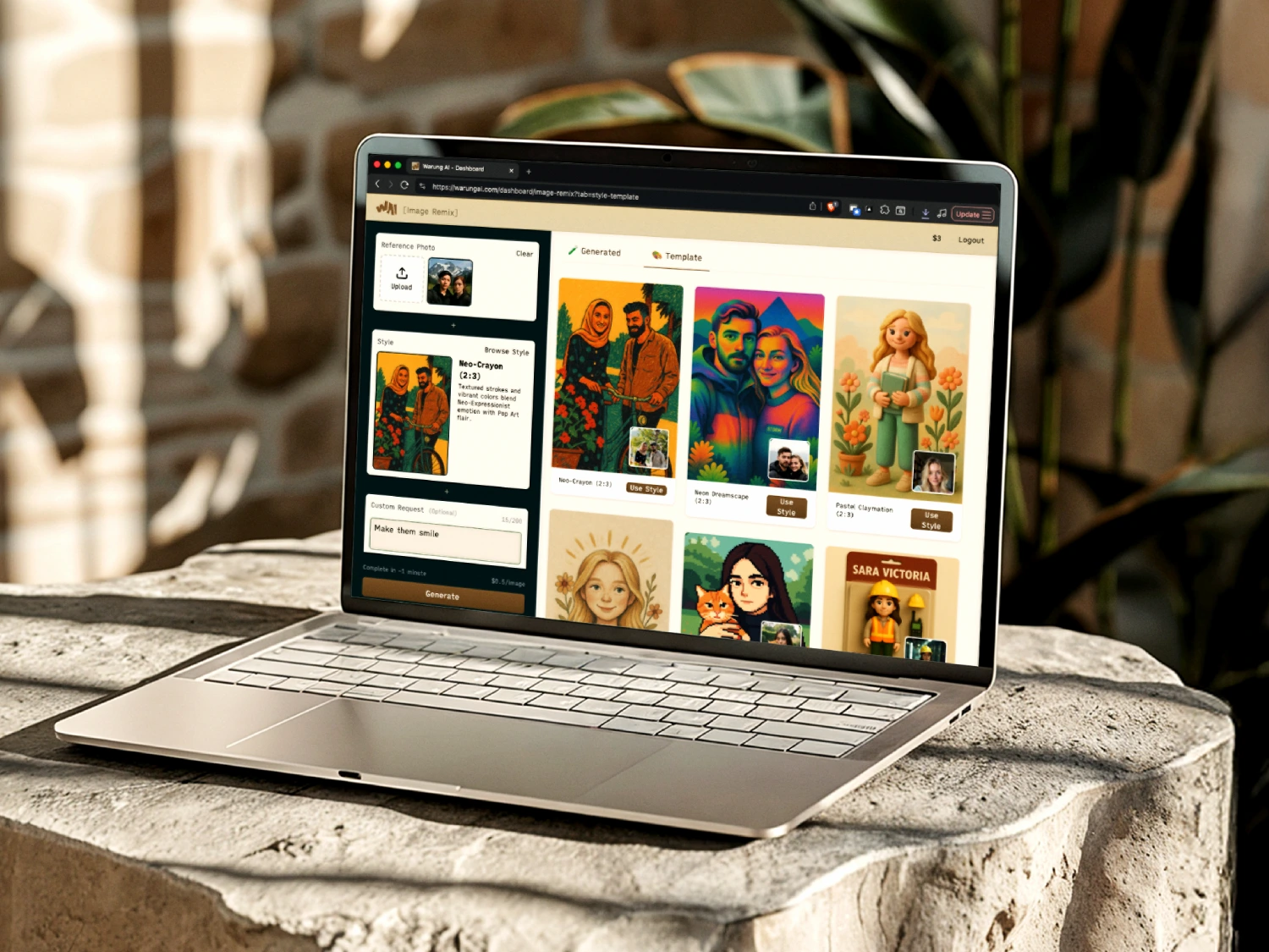 Screenshot for Dashboard Page of Warung AI website.